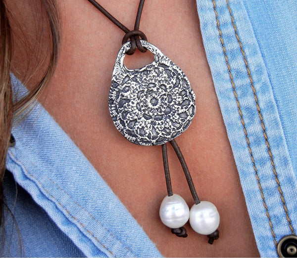 Boho Crochet Leather Pearl Necklace – Handmade Sterling Silver Pendant