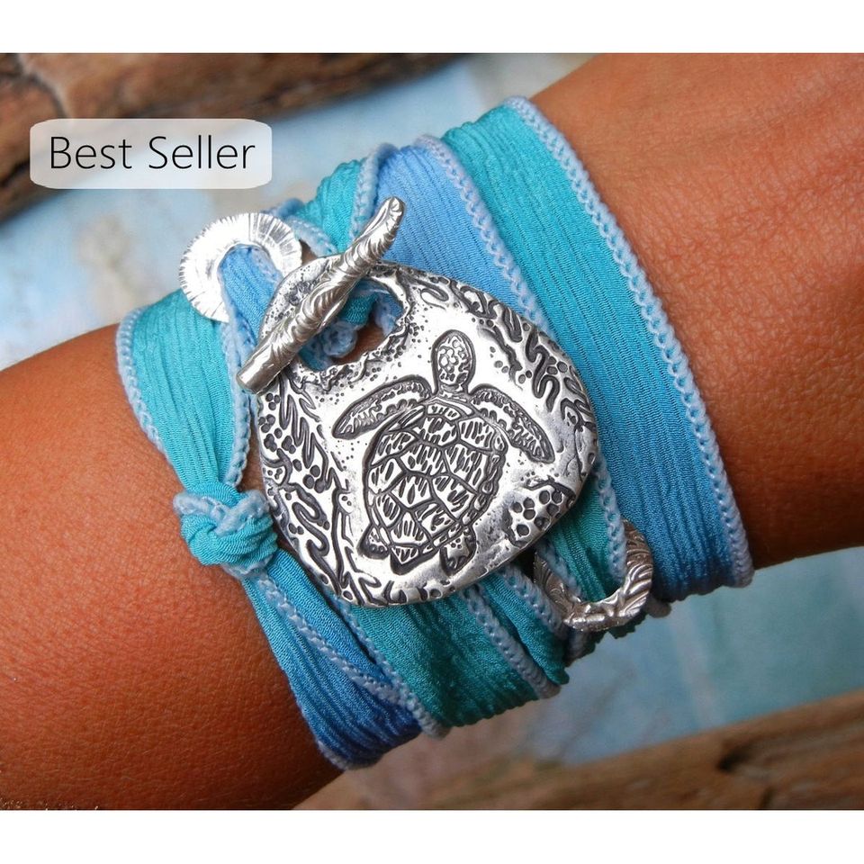 Sea Turtle Jewelry, Silk Wrap Bracelet