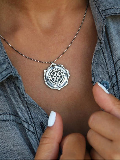 Sterling Silver Wax Seal Compass Necklace - HappyGoLicky Jewelry