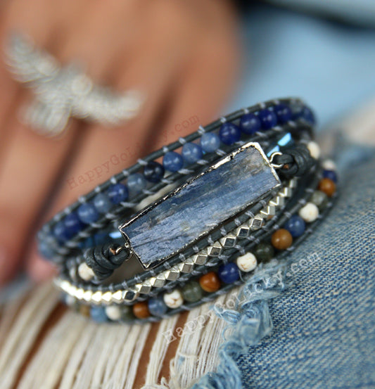 Boho Jewelry Kyanite Leather Wrap Bracelet - HappyGoLicky Jewelry
