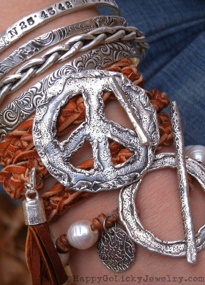 Peace Sign Leather Wrap Bracelet