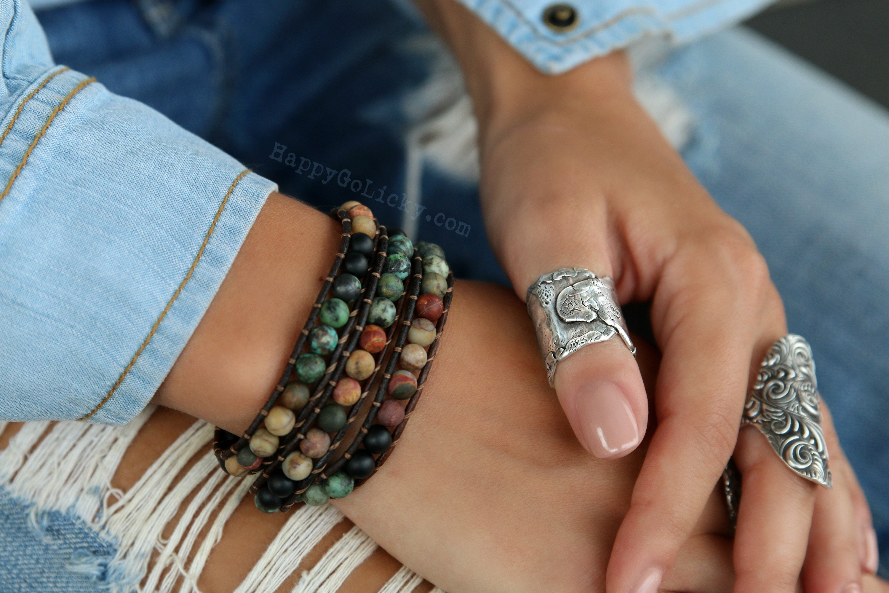 Beaded Wrap Bracelet, Boho Jewelry, Leather Wrap Bracelets, Natural Ge –  Crystal Creek Co.