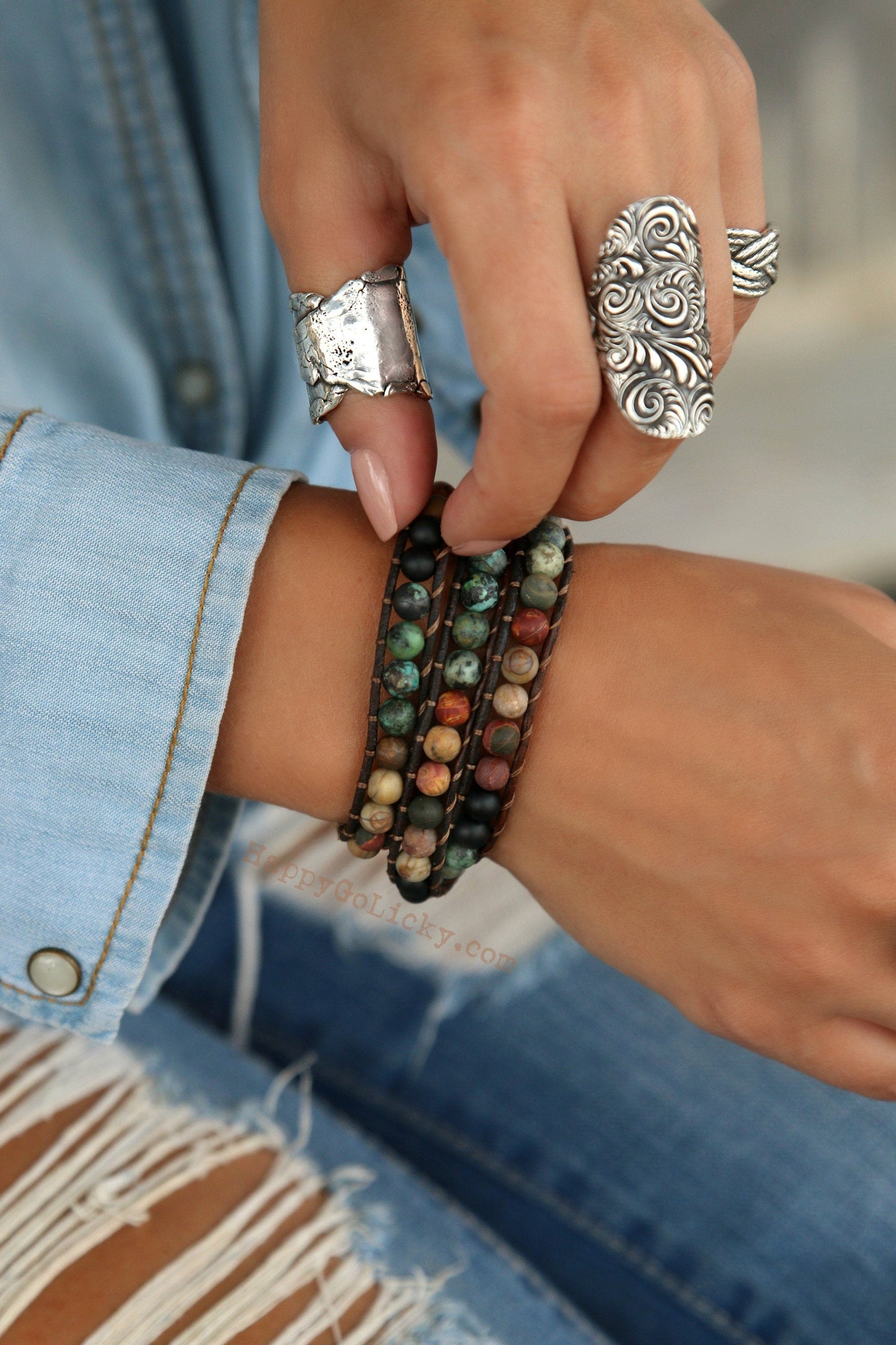 Rustic Shell Triple Wrap Bracelet - HappyGoLicky Jewelry