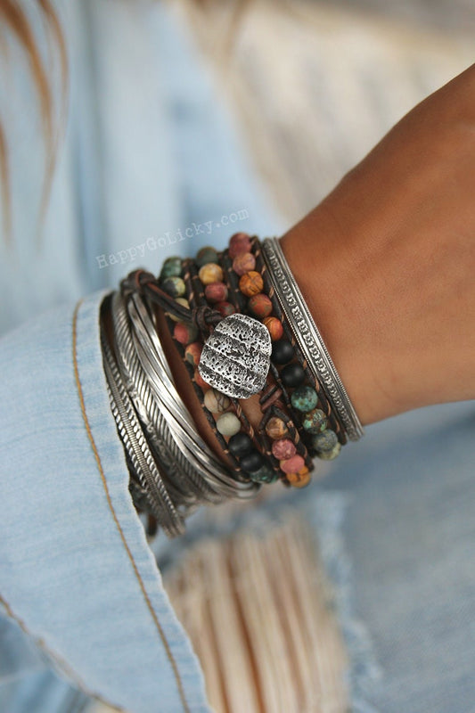 Matte Stone Beaded Leather Wrap Bracelet - HappyGoLicky Jewelry