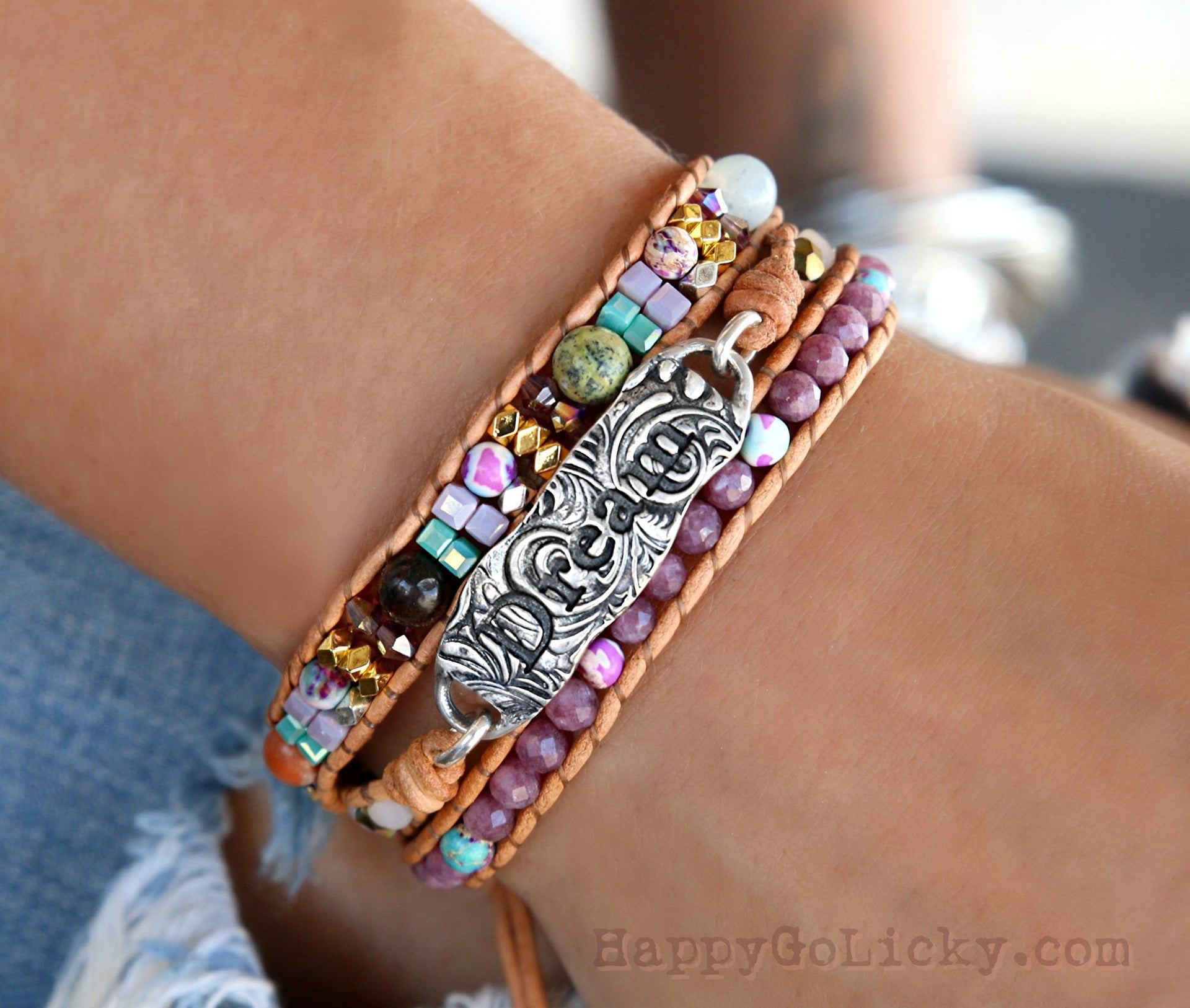 HappyGoLicky Custom Silver Jewelry Gifts & Monograms — Hippie Jewelry,  Stacked Leather Wrap Bracelet, Boho Jewelry, Sterling Silver Wrap Bracelet