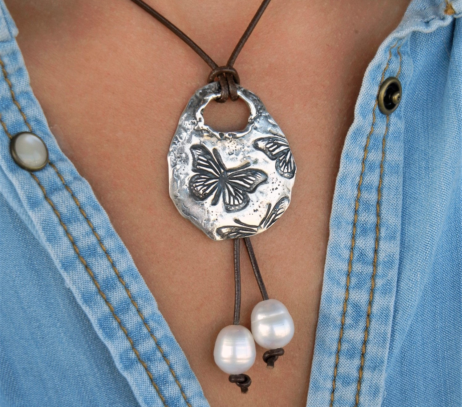 Butterflies Leather & Pearl Necklace - HappyGoLicky Jewelry