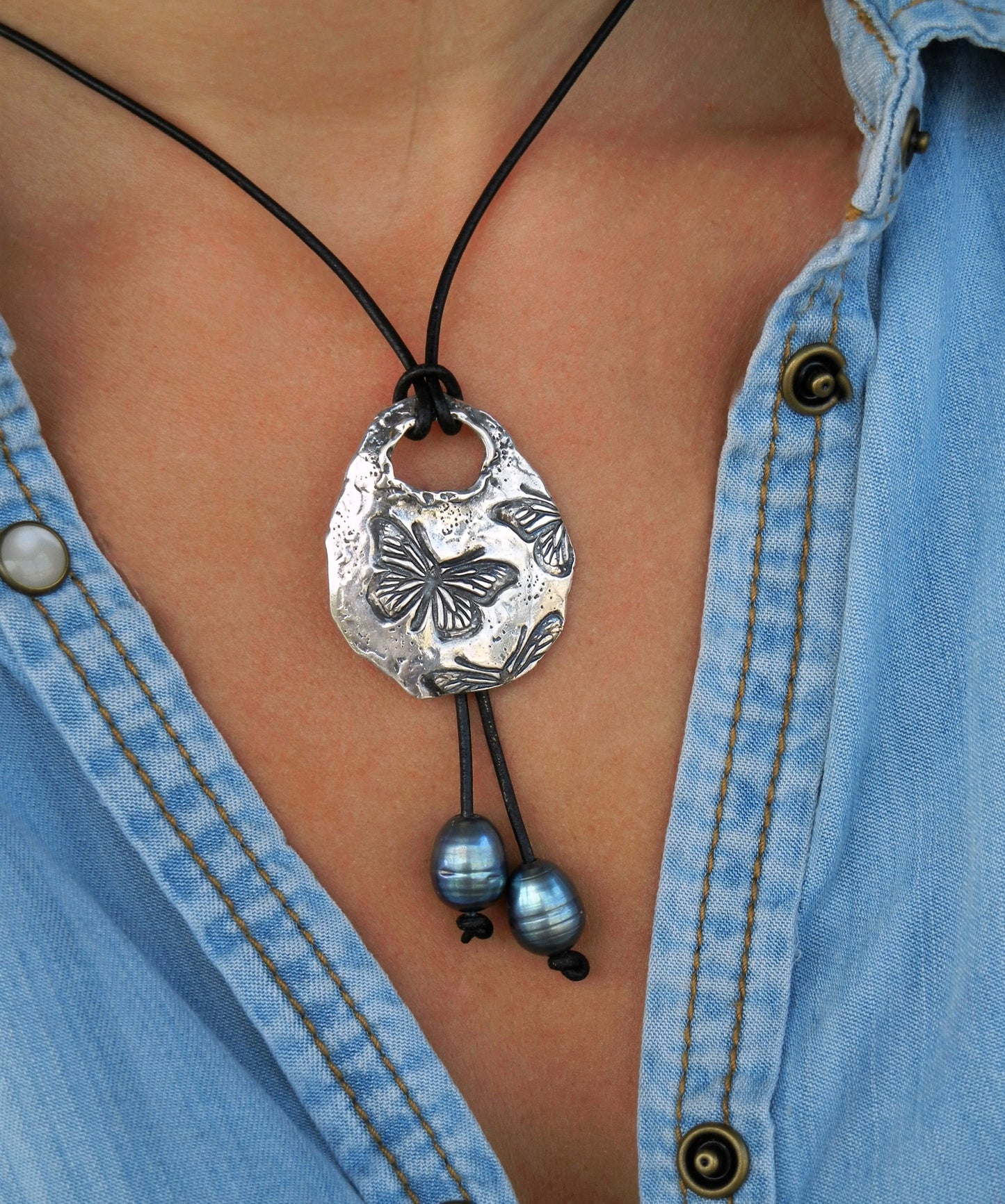 Butterflies Leather & Pearl Necklace - HappyGoLicky Jewelry