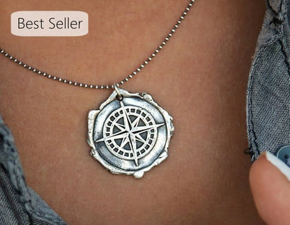 Sterling Silver Wax Seal Compass Necklace - HappyGoLicky Jewelry