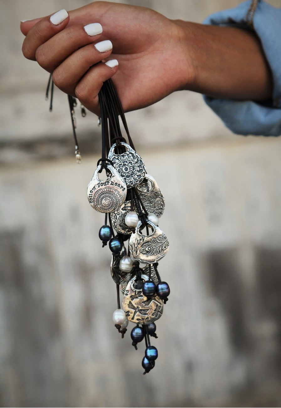 Crochet Boho Leather & Pearl Necklace - HappyGoLicky Jewelry