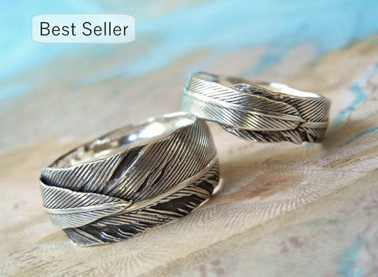 Silver Feather Wedding Bands - HappyGoLicky Jewelry