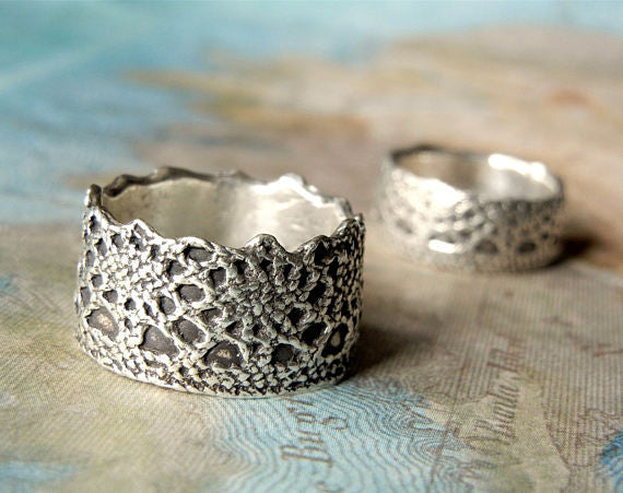 Lace Sterling Silver Wedding Rings - HappyGoLicky Jewelry