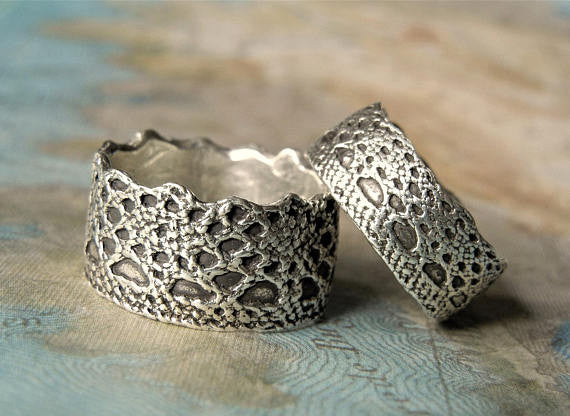 Lace Sterling Silver Wedding Rings - HappyGoLicky Jewelry