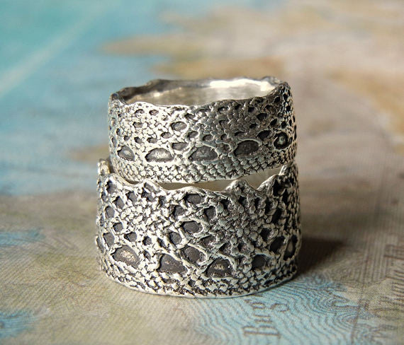 Lace Sterling Silver Wedding Rings - HappyGoLicky Jewelry