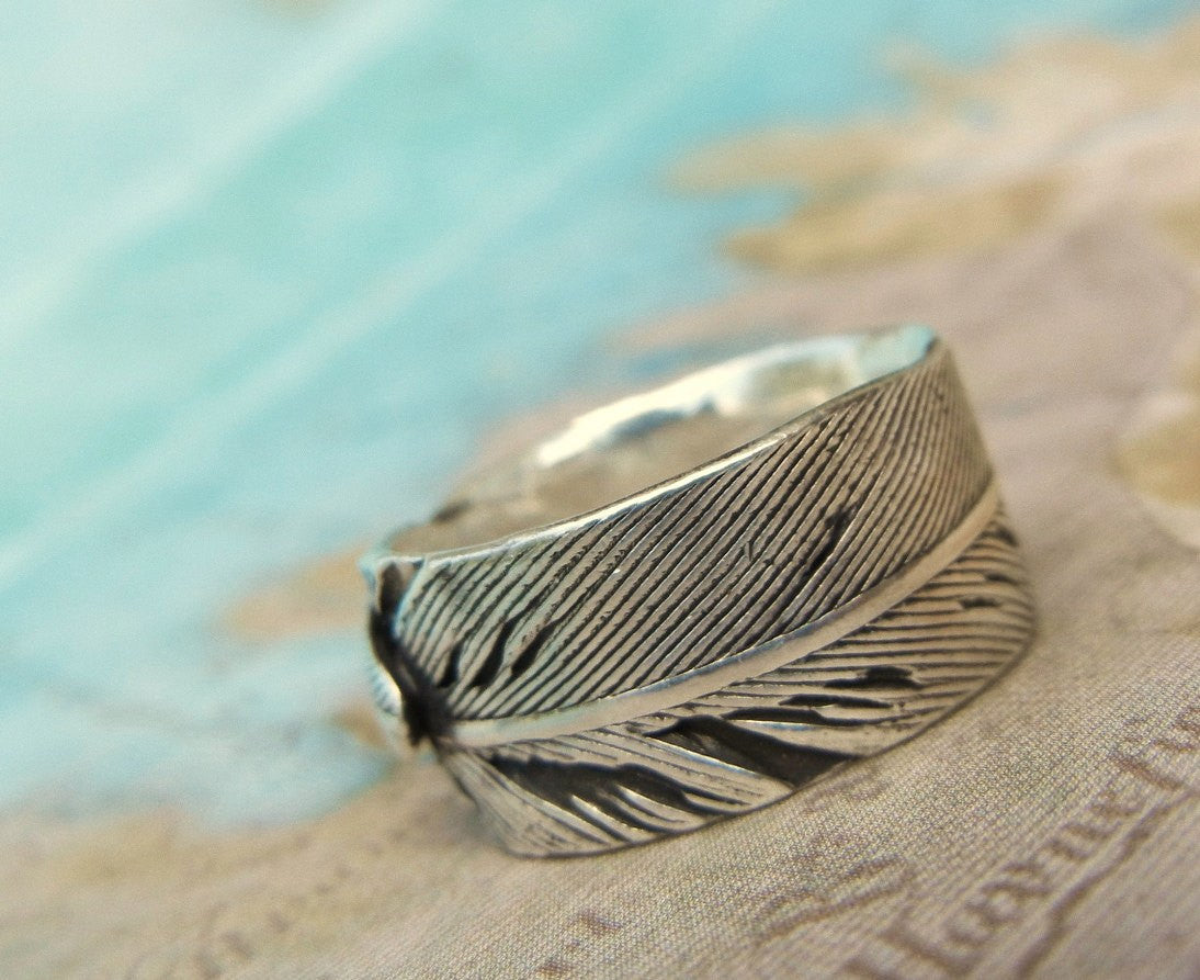 Men's Silver Feather Ring - HappyGoLicky Jewelry