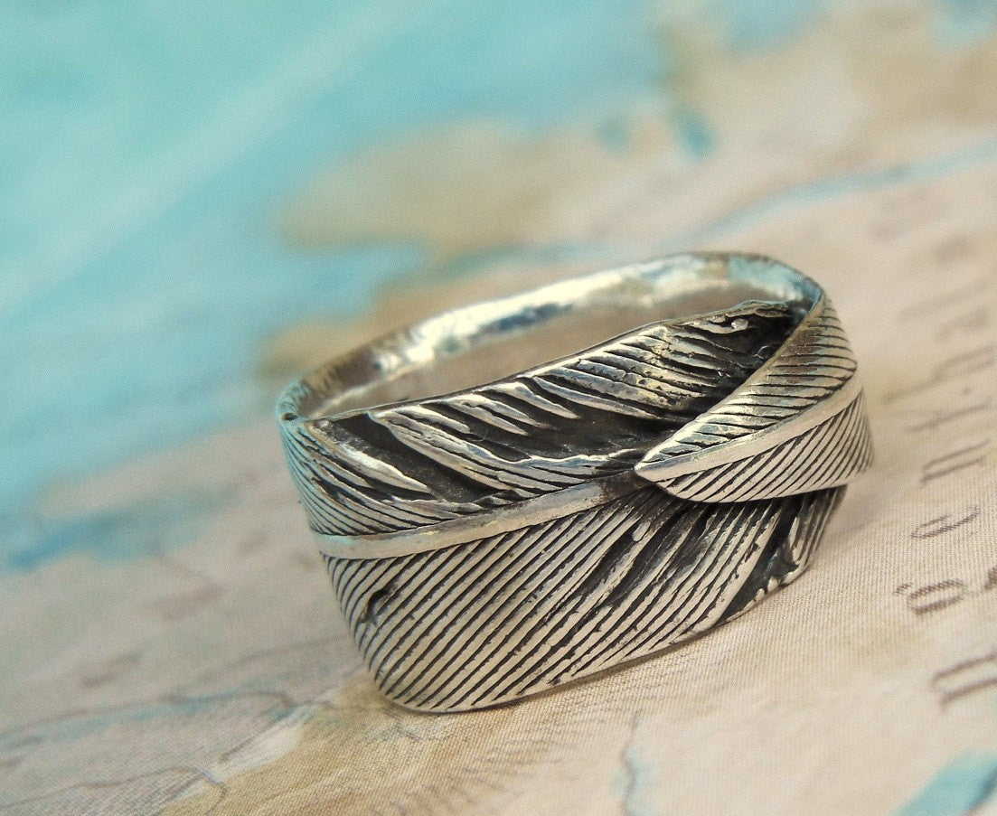 Men's Silver Feather Ring - HappyGoLicky Jewelry