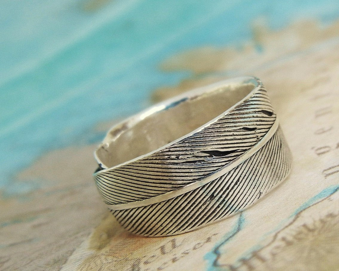 Men's Silver Feather Ring - HappyGoLicky Jewelry