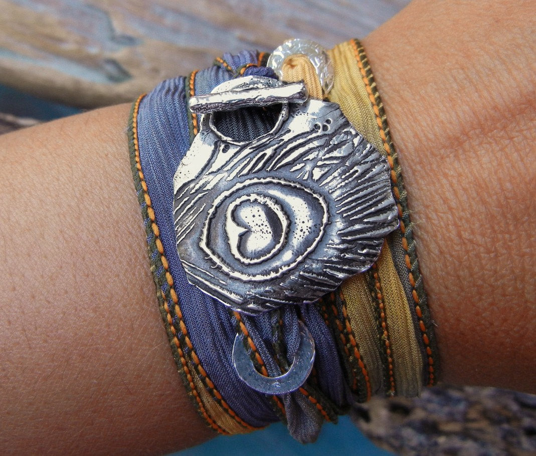 Peacock Feather Silk Wrap Bracelet - HappyGoLicky Jewelry