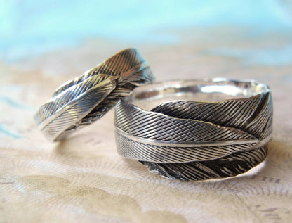 Silver Feather Wedding Bands - HappyGoLicky Jewelry