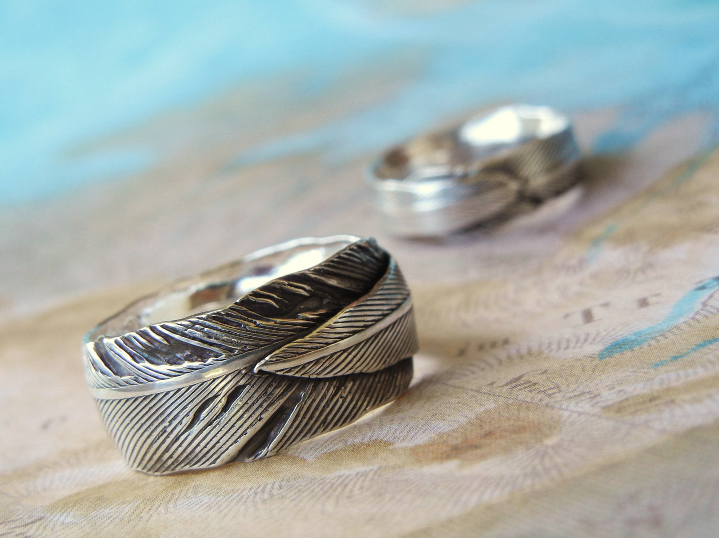 Silver Feather Wedding Bands - HappyGoLicky Jewelry
