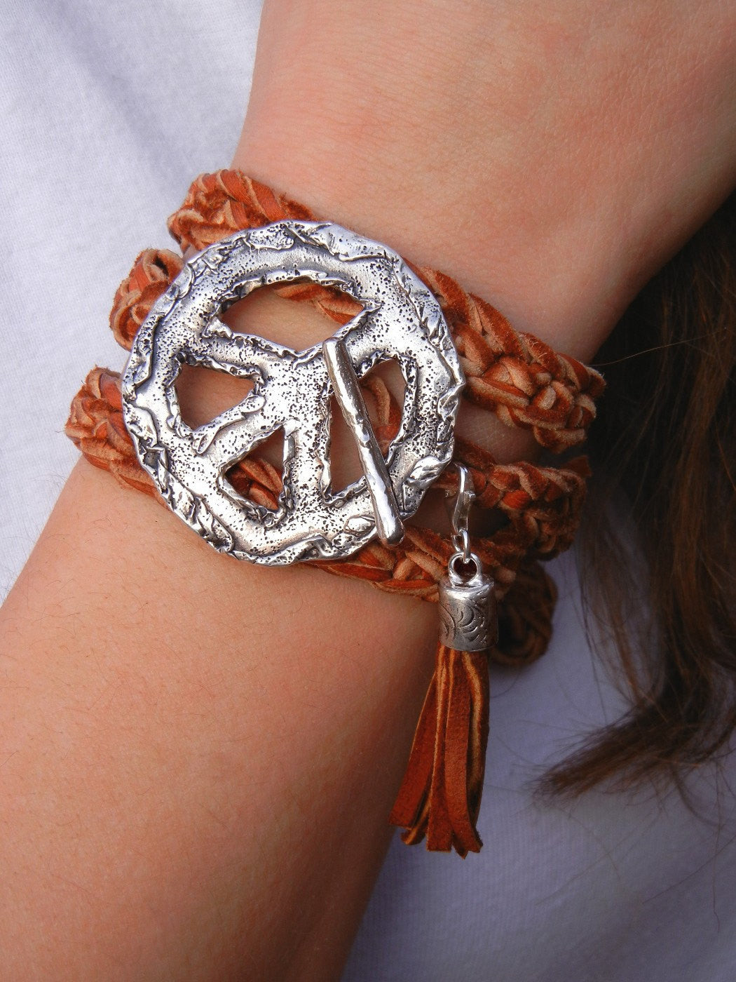 Peace Sign Leather Wrap Bracelet - HappyGoLicky Jewelry