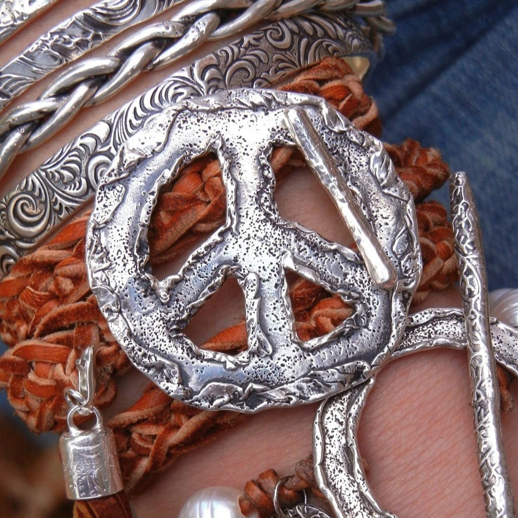 Peace Sign Jewely Leather Boho Wrap Bracelet - HappyGoLicky Jewelry
