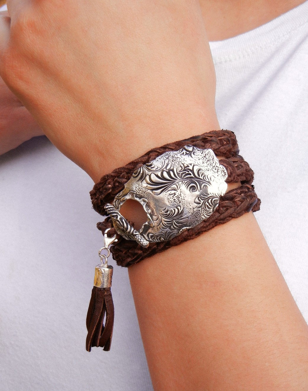 Floral Boho Leather Wrap Bracelet - HappyGoLicky Jewelry