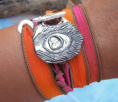 Peacock Feather Silk Wrap Bracelet - HappyGoLicky Jewelry