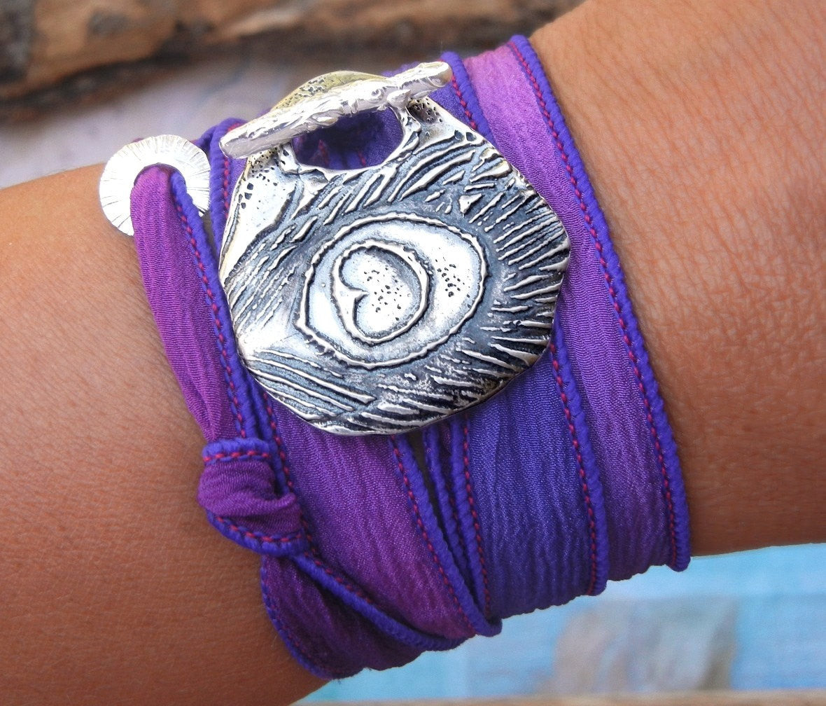 Peacock Feather Silk Wrap Bracelet - HappyGoLicky Jewelry