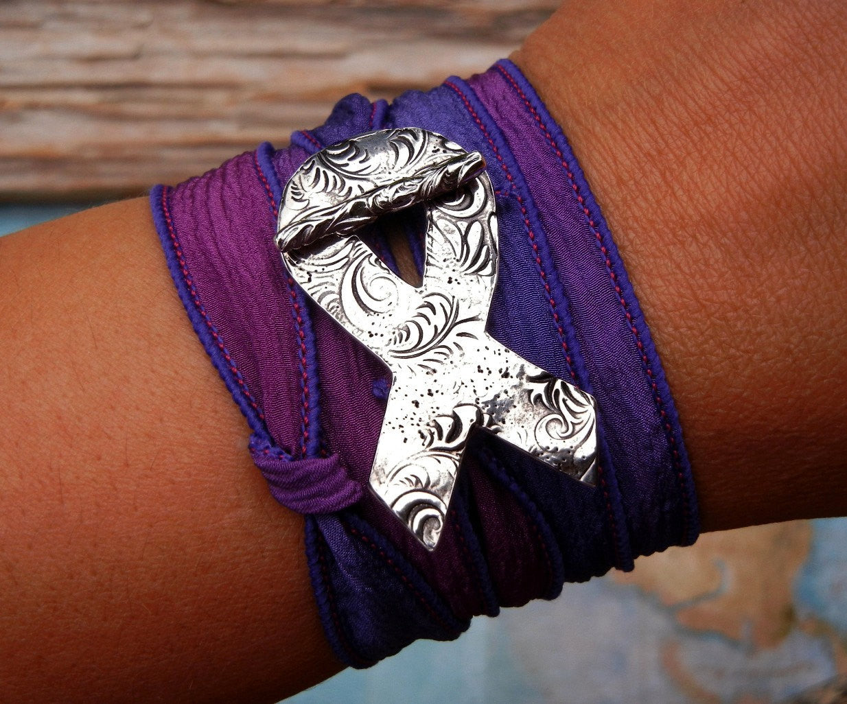 Monogram Initial Silk Wrap Bracelet V / Seaweed