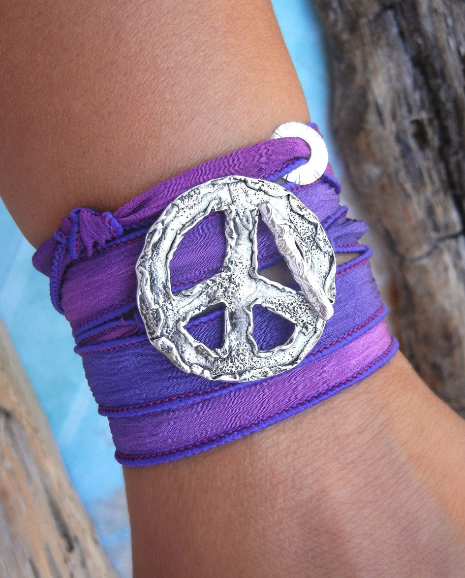 Peace Sign Silk Wrap Bracelet - HappyGoLicky Jewelry