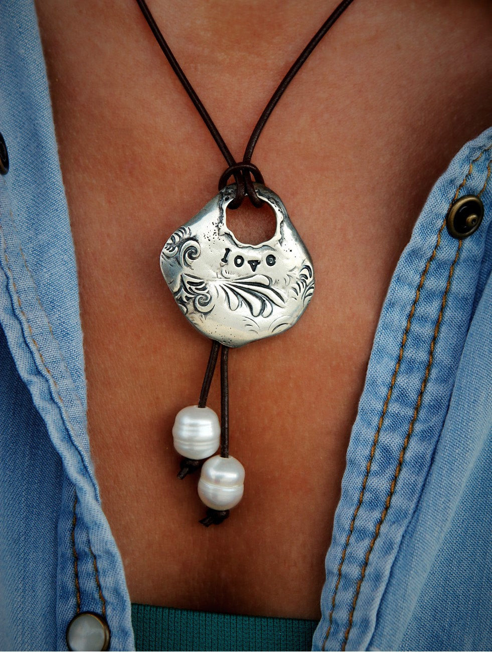 Leather & Pearl LOVE Boho Necklace - HappyGoLicky Jewelry