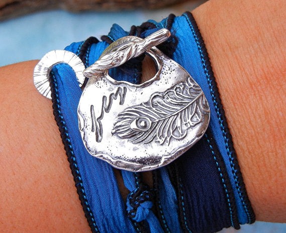 Peacock Silk Wrap Bracelet - HappyGoLicky Jewelry