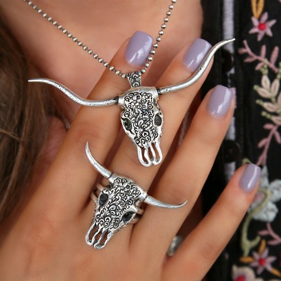 Western Bull Skull Necklace - HappyGoLicky Jewelry