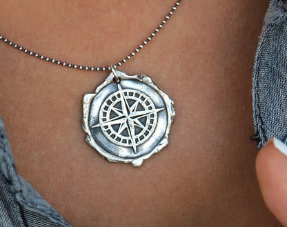 Sterling Silver Wax Seal Compass Necklace - HappyGoLicky Jewelry