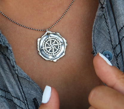 Sterling Silver Wax Seal Compass Necklace - HappyGoLicky Jewelry